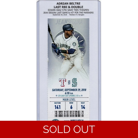 Adrian Beltre LAST RBI 2B Diaz 57th SAVE 2018 Mariners Rangers 9/29 Full Ticket